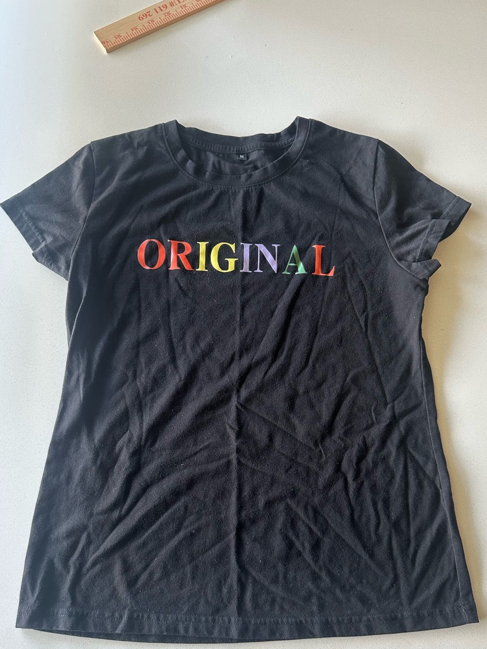 SHEIN Black Short Sleeve Tee with Rainbow "ORIGINAL" Lettering